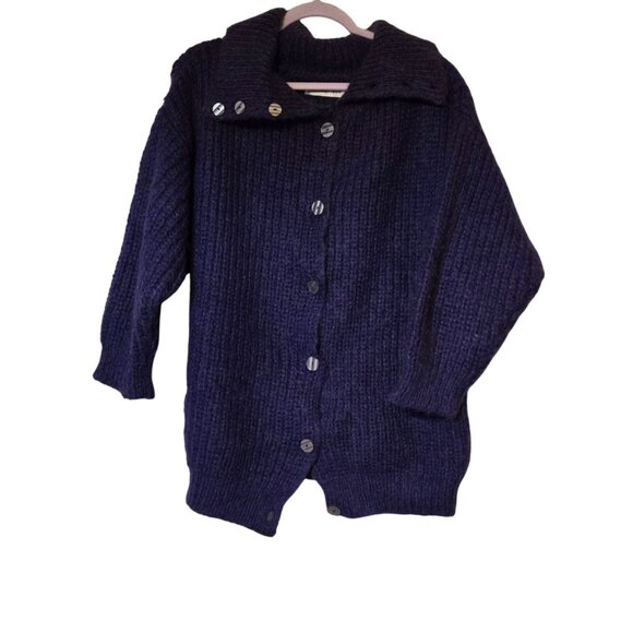 Cambridge Women's Purple Chunky Knit Button Up Cardigan Sweater Fold-Over Collar - Picture 1 of 7